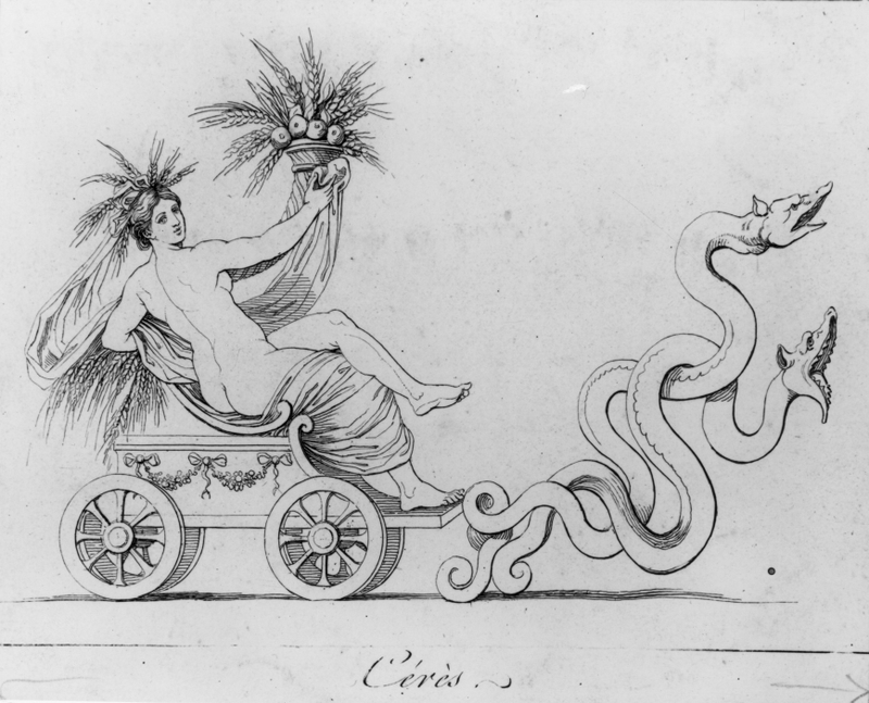 irca 1200, Ceres, Roman goddess of agriculture, riding on a chariot, beside two serpents, at a harvest festival. Photo via Getty Images.
